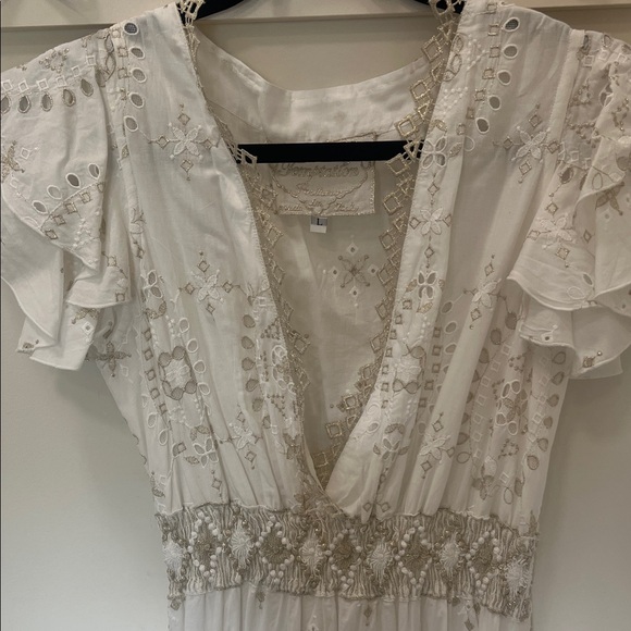 Temptation Positano White Maxi Dress with Gold Embroidered Details and Eyelet - Picture 3 of 5